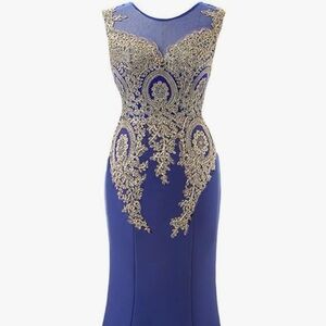 Elegant Navy Blue and Gold Evening Dress
